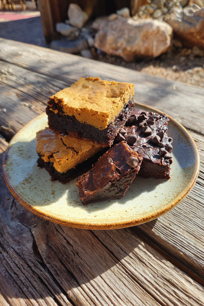 Blondies and Brookies on a dessert plate side by side