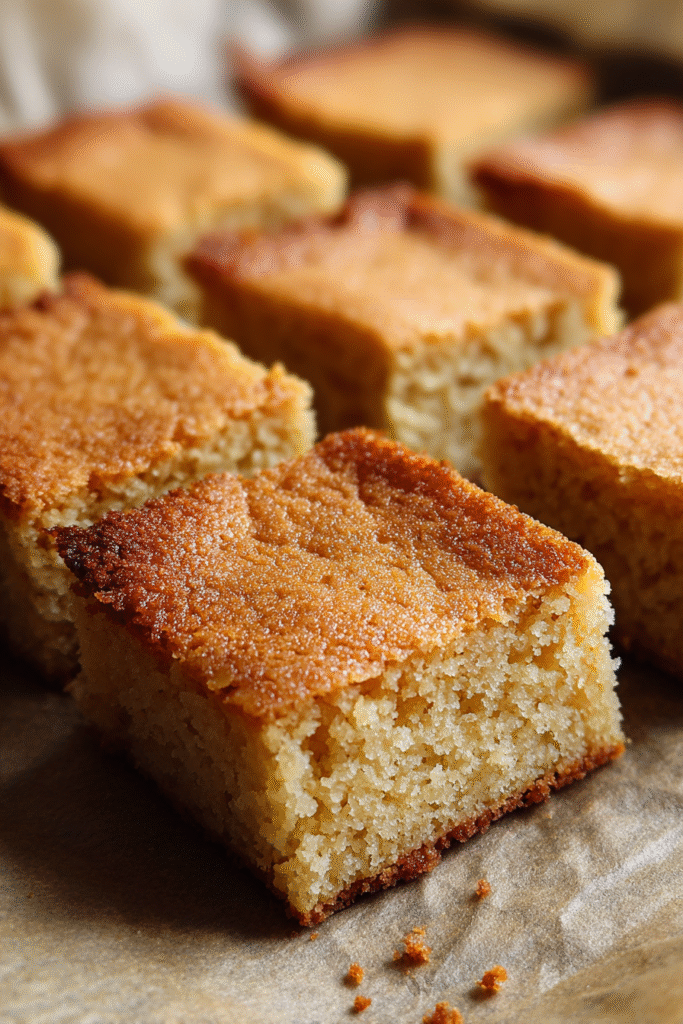 Freshly baked blondie bars on parchment paper