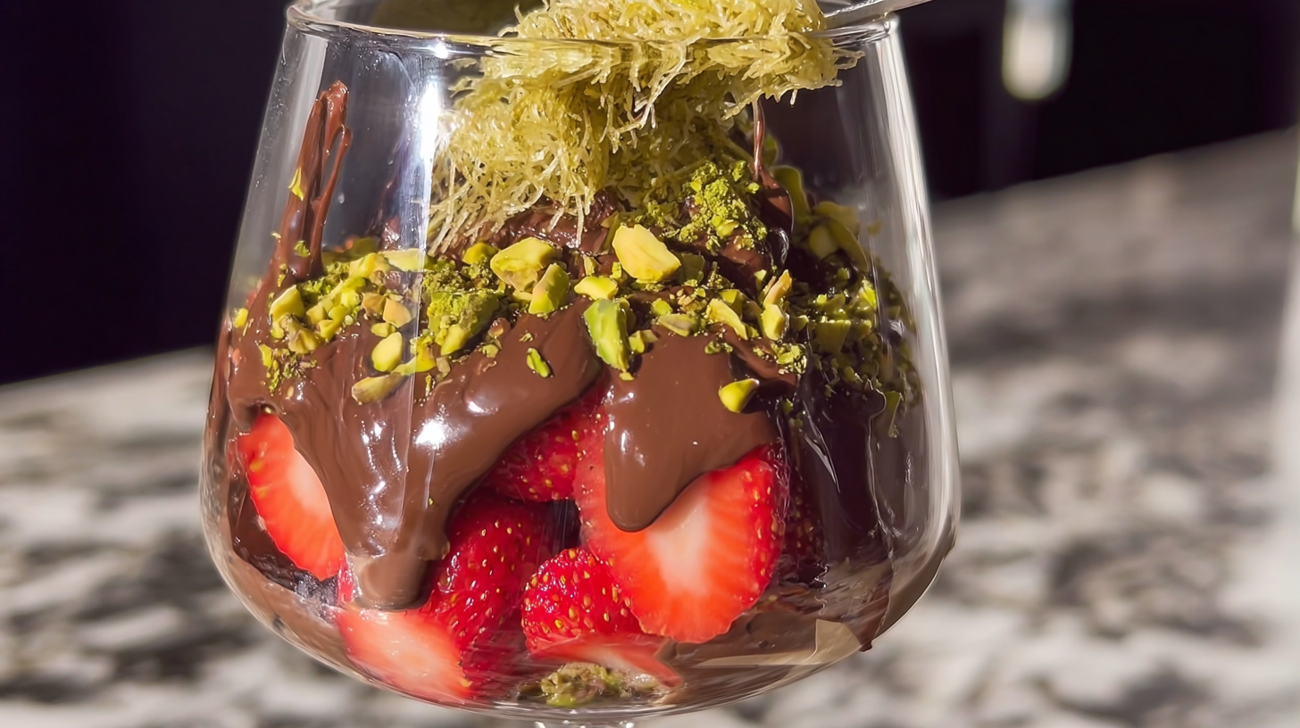 Homemade Dubai chocolate strawberries in a clear layered dessert glass