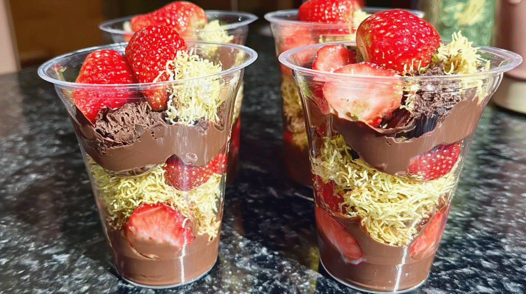Assembled homemade Dubai chocolate strawberries in clear glasses