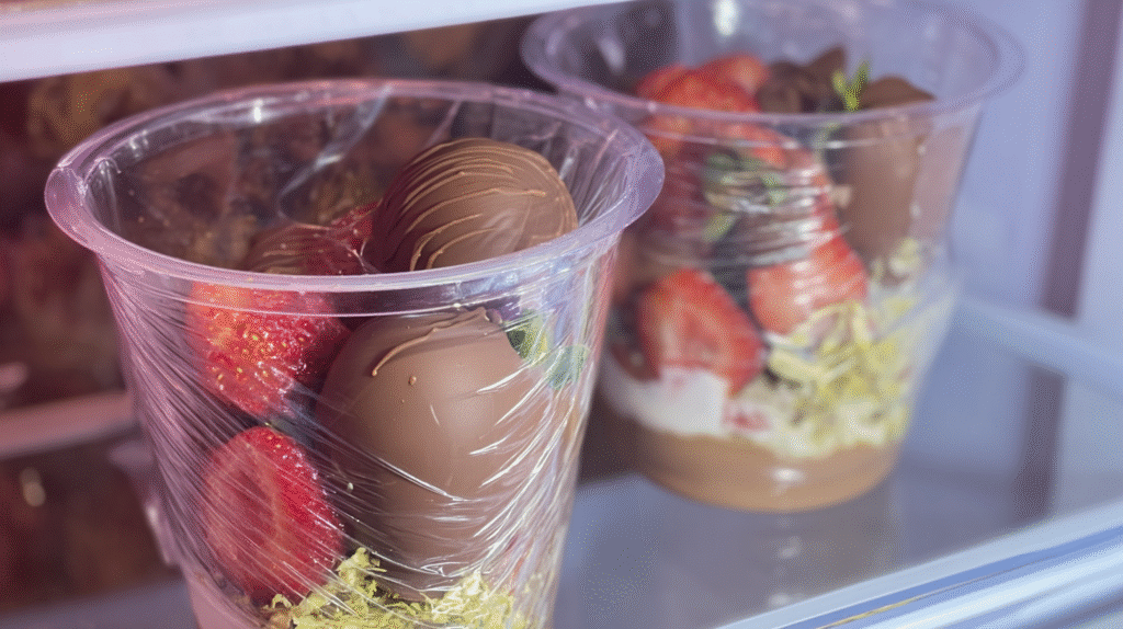 Dubai chocolate strawberries stored in airtight containers