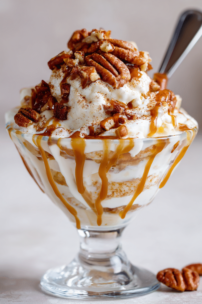 Apple Pie Ice Cream Sundae with caramel and pecans