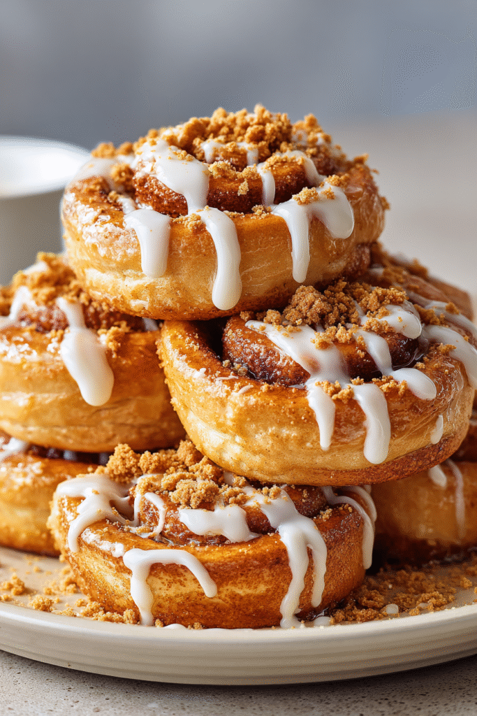Baked Biscoff cinnamon rolls topped with icing and cookie crumbs