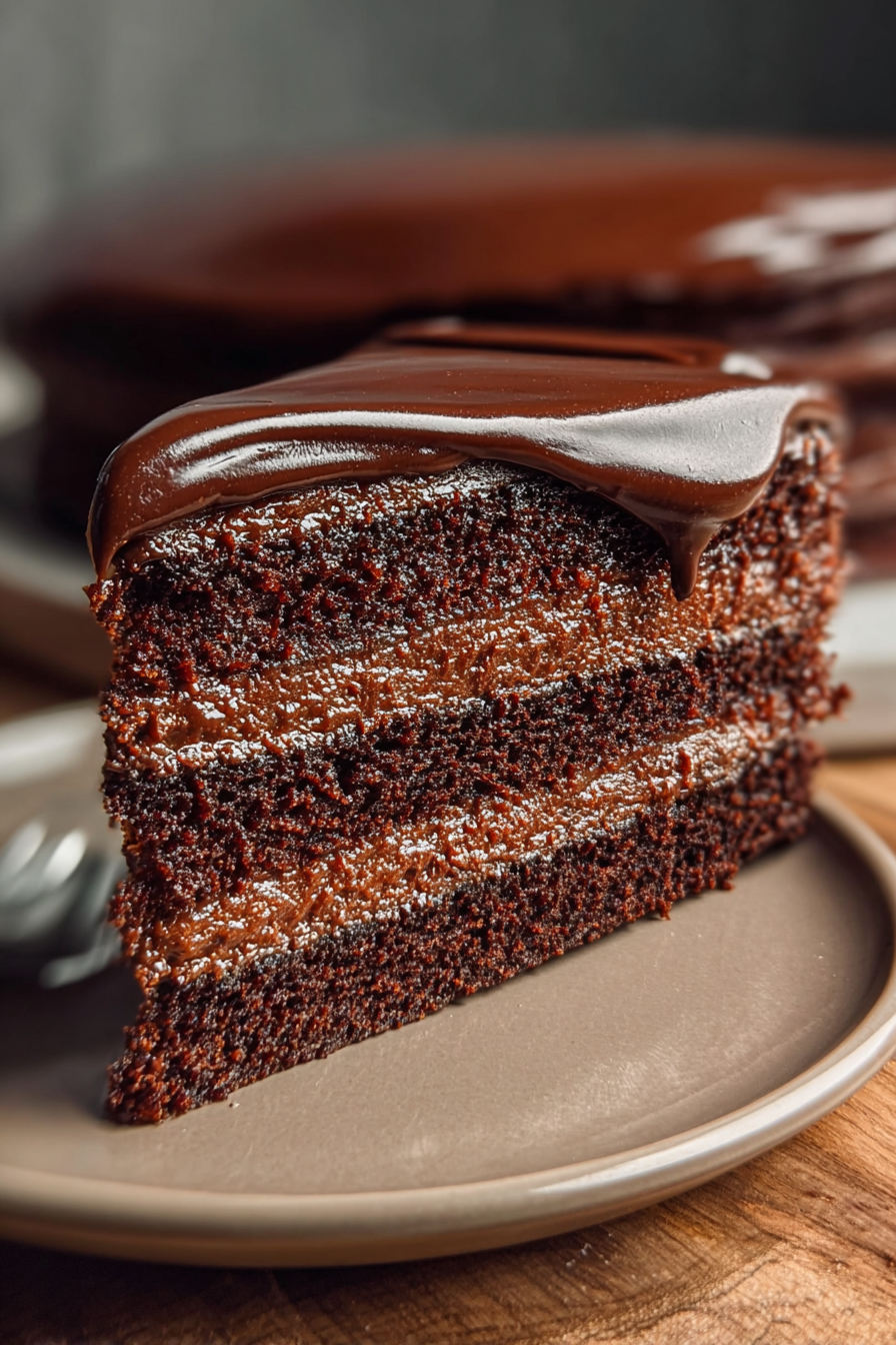 Eggless Chocolate Custard Cake layered with creamy chocolate filling