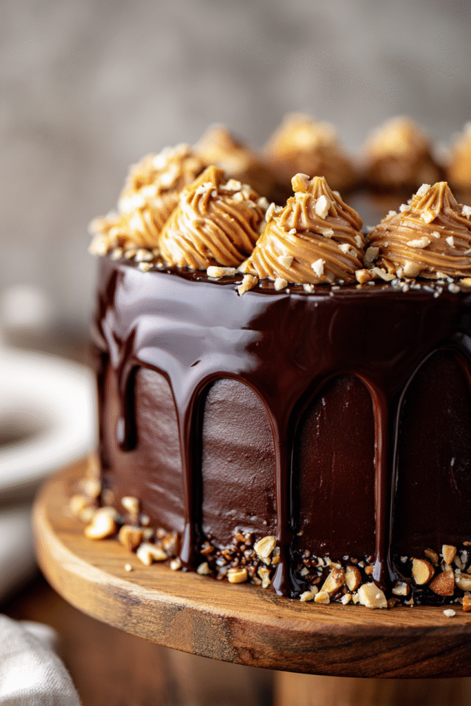 Decorated Peanut Butter Chocolate Ganache Cake with peanut drizzle