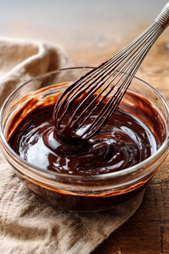 Whisking smooth chocolate ganache for Peanut Butter Chocolate Cake