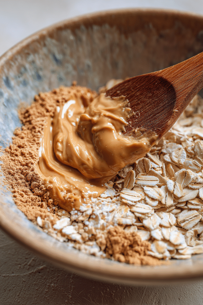 Mixing oats, peanut butter, and protein powder for oatmeal cups