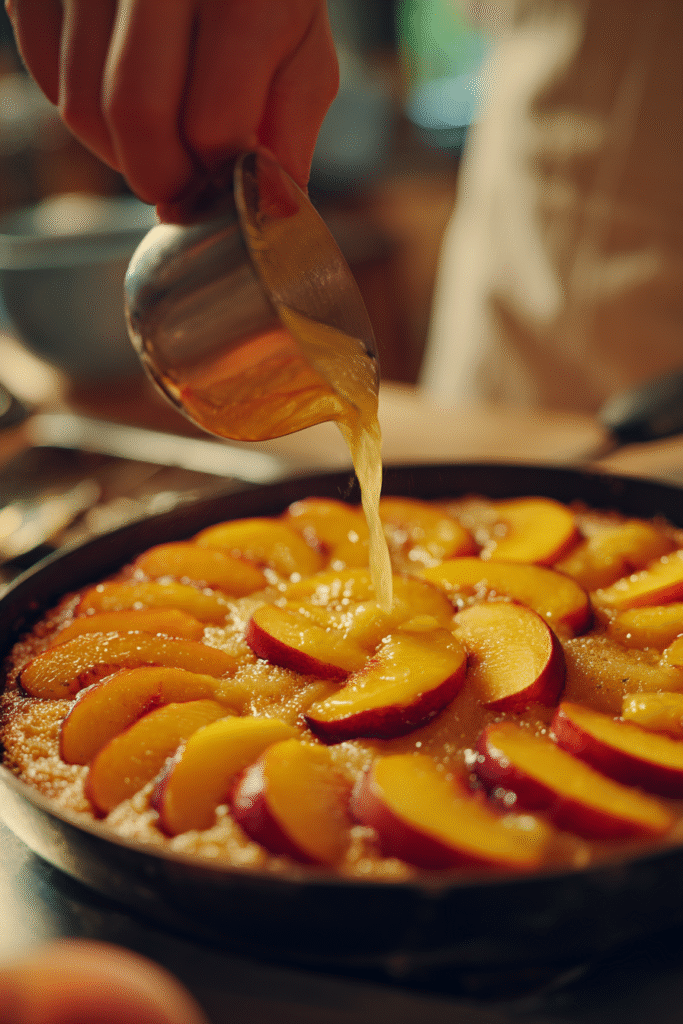 Pouring peach cake batter into pan