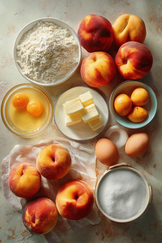 Peach cake ingredients on kitchen counter