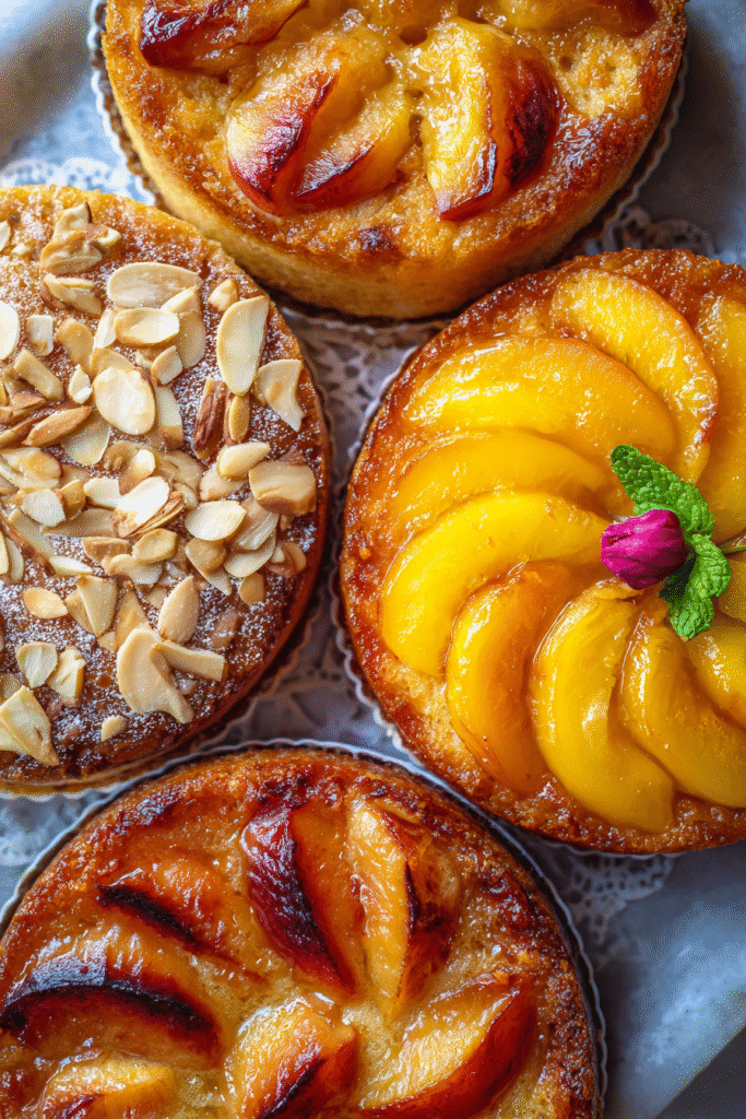 Different variations of peach cake on counter