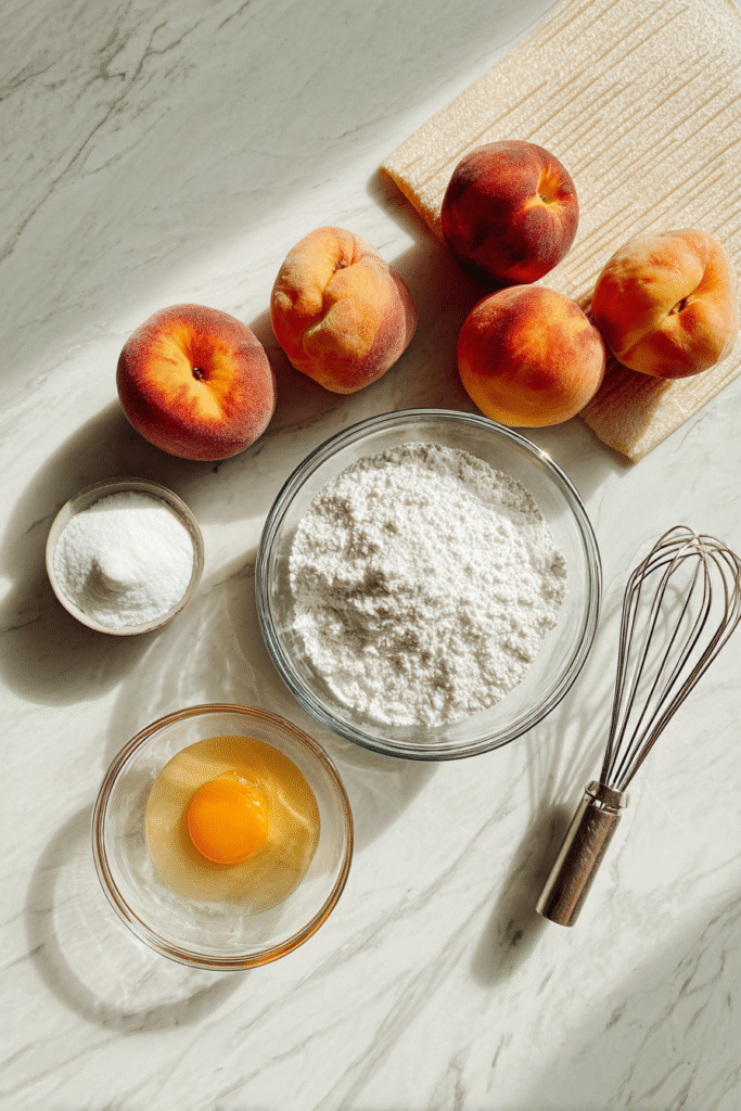 Ingredients for the easiest peach galette you can make in 15 minutes on a marble surface.