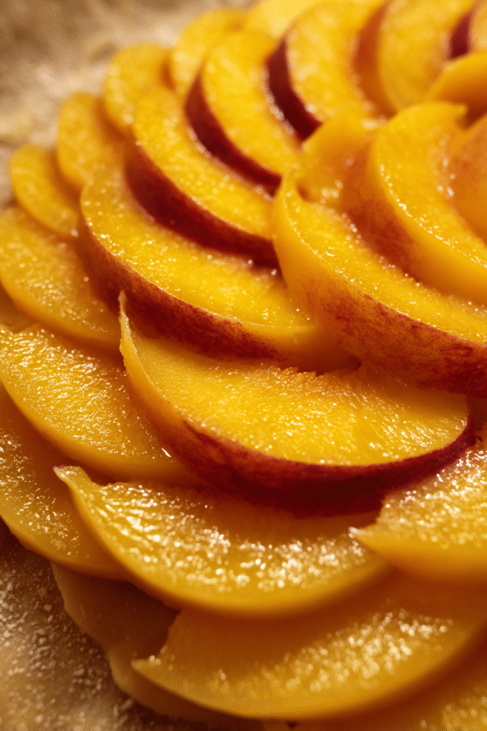 Preparing the easiest peach galette you can make in 15 minutes with sliced peaches on dough.