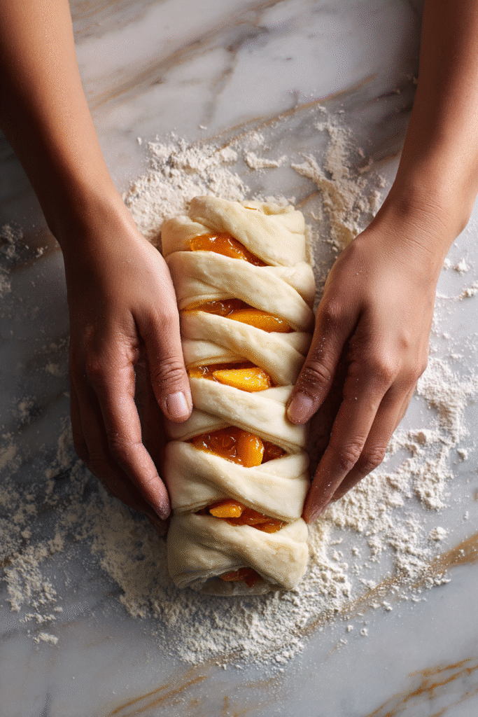 Rolling croissant dough with peach filling for cruffins