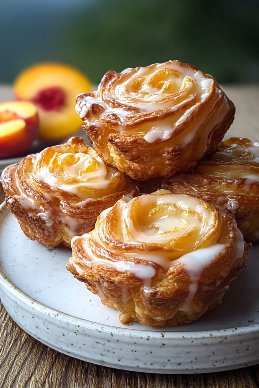 Peach Pie Cruffins recipe with flaky layers and peach filling