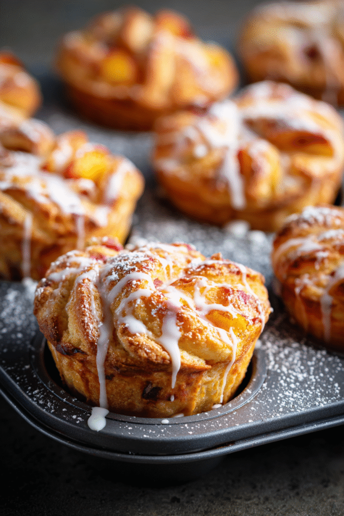 Glazed Peach Pie Cruffins cooling in a muffin tin