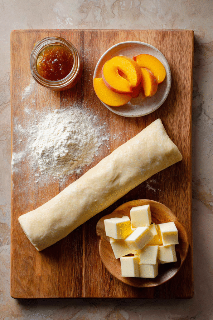 Ingredients for Peach Pie Cruffins – dough, peaches, jam