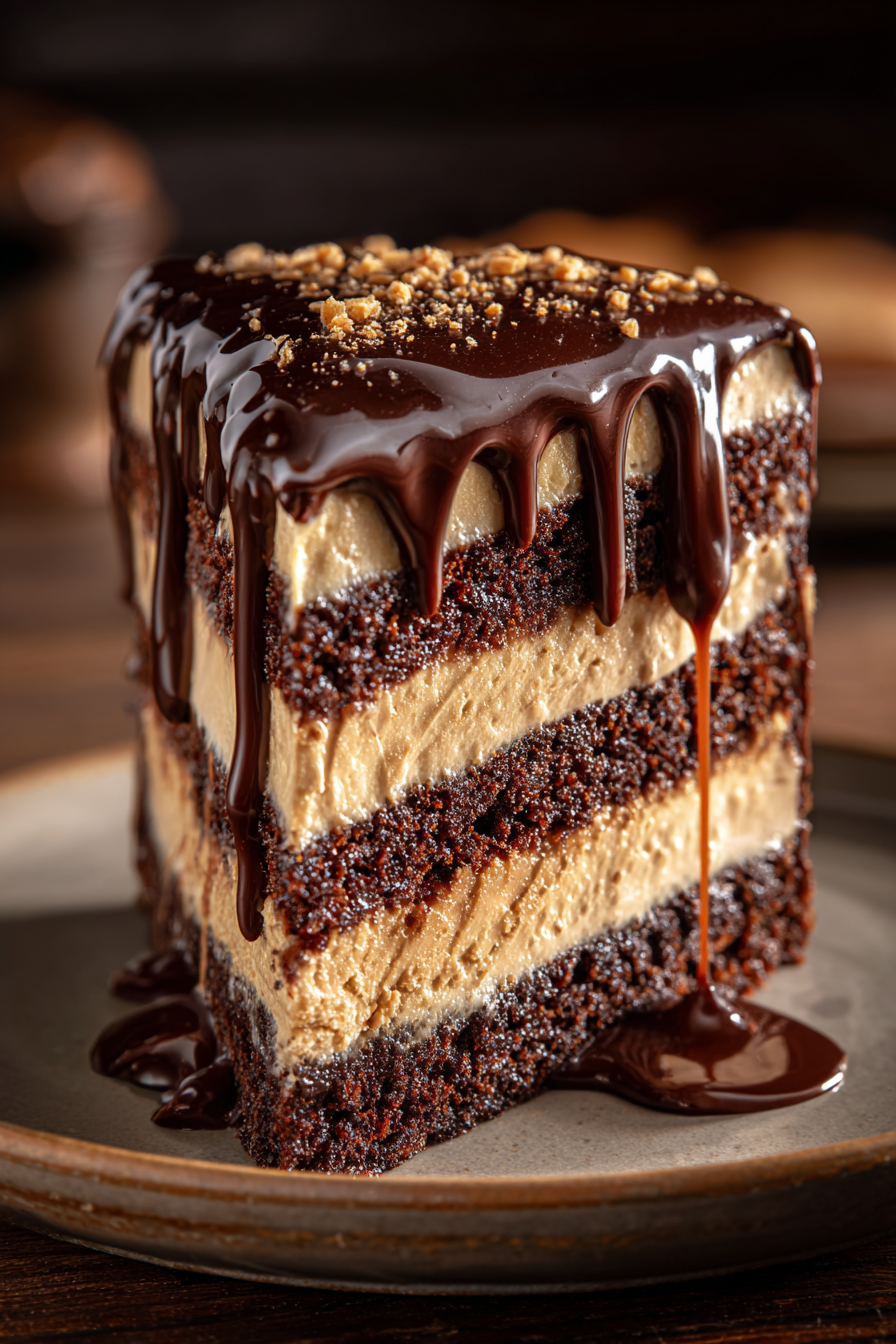 Slice of Peanut Butter Chocolate Ganache Cake