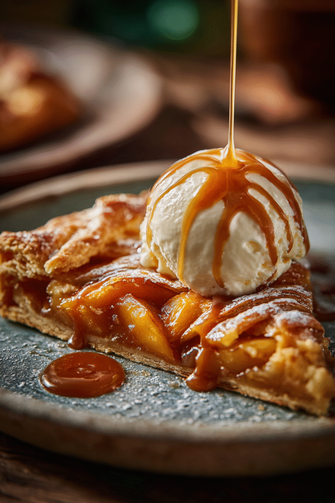 A slice of the easiest peach galette you can make in 15 minutes served with ice cream.