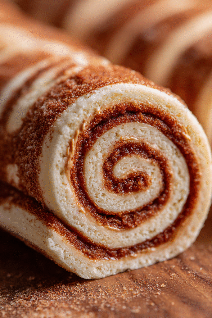 Sliced cinnamon roll log with Biscoff filling