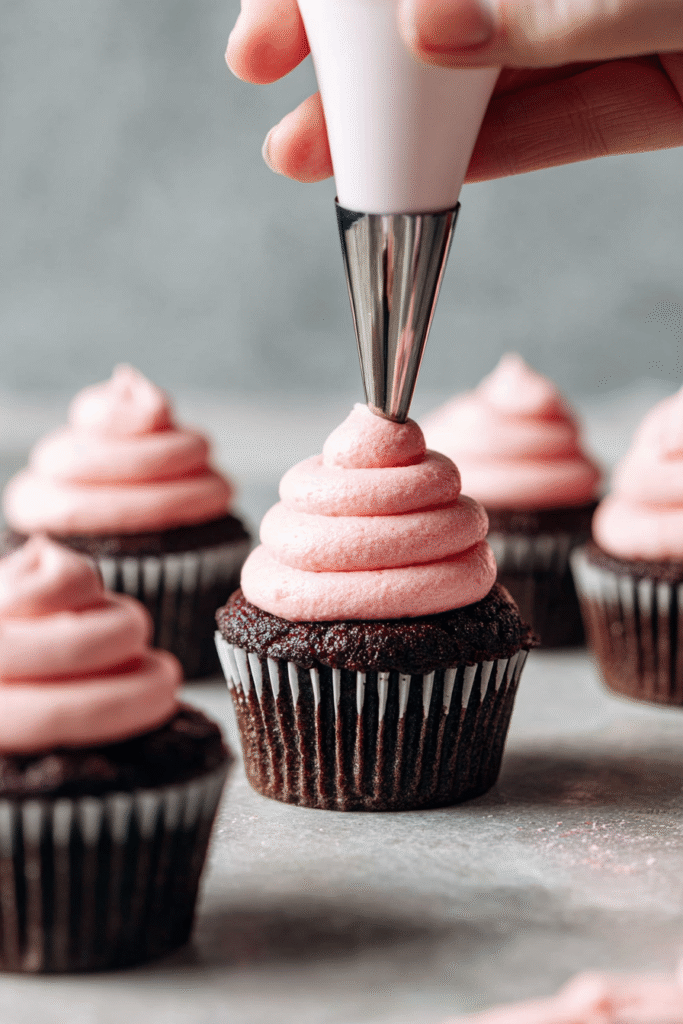 Strawberry frosting on cupcakes