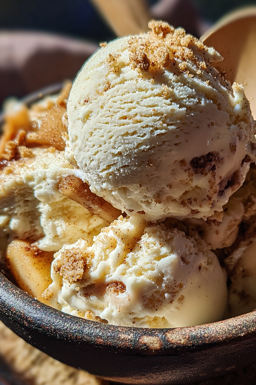Apple Pie Ice Cream Delight in a bowl with cinnamon and pie crust crumbs