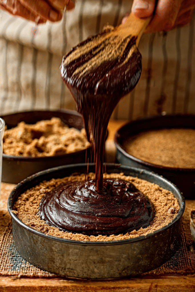 Pouring chocolate batter for Peanut Butter Chocolate Ganache Cake