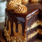 Peanut Butter Chocolate Ganache Cake with glossy ganache and peanut butter swirl