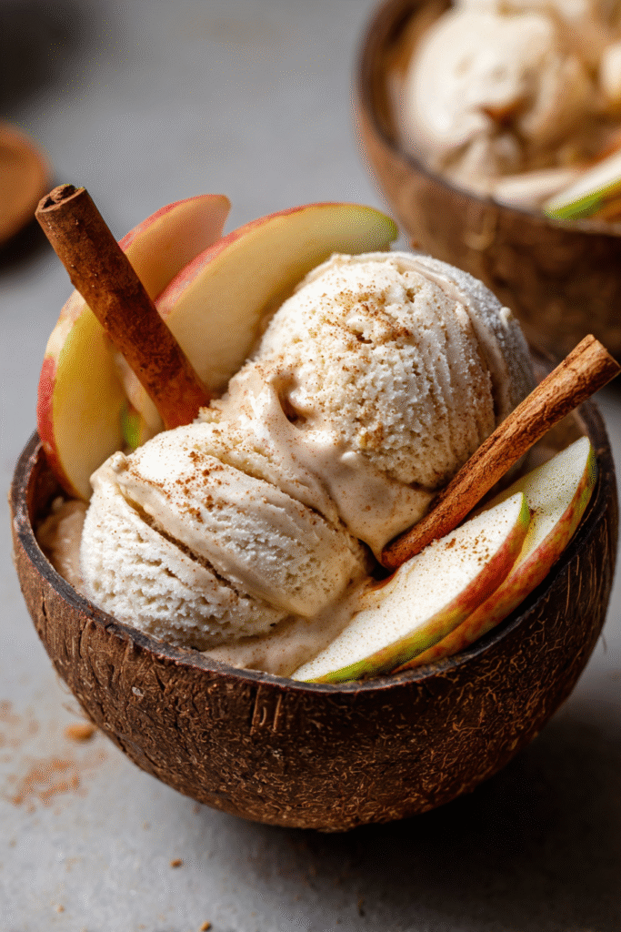 Vegan Apple Pie Ice Cream in a coconut bowl