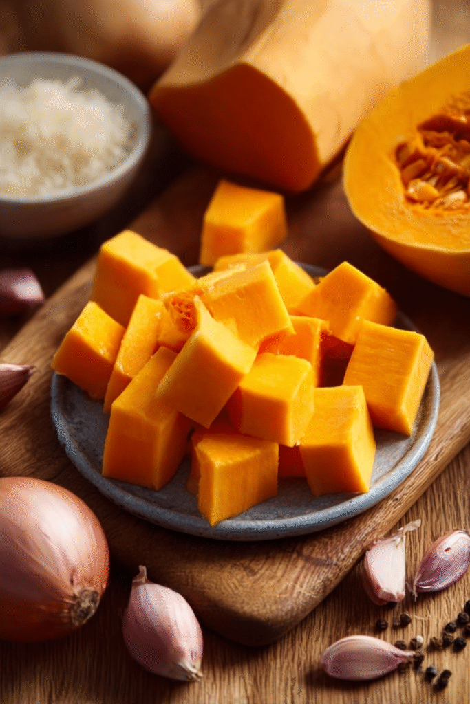 Fresh butternut squash cubes with onions and spices