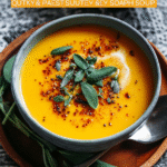 Butternut squash soup in a bowl with cream and seeds