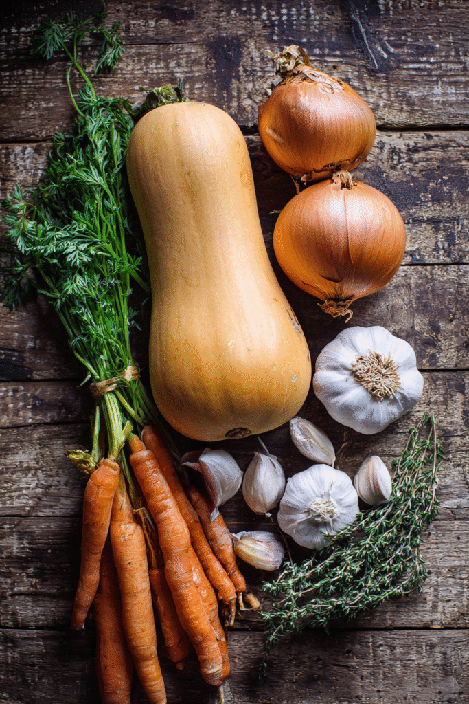 Fresh ingredients for butternut squash soup