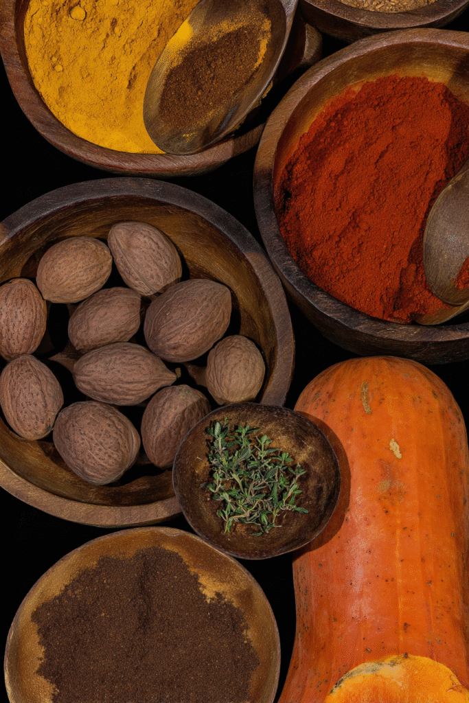Spices and roasted butternut squash for soup
