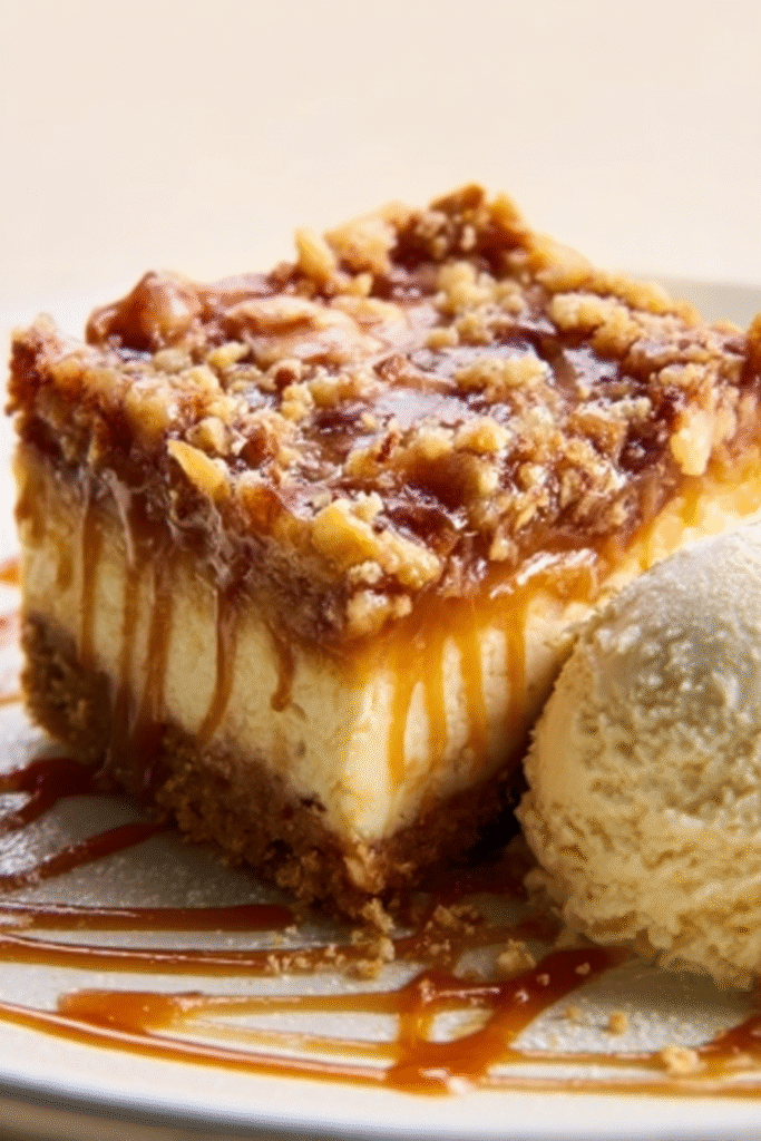 Served caramel apple cheesecake bar with ice cream