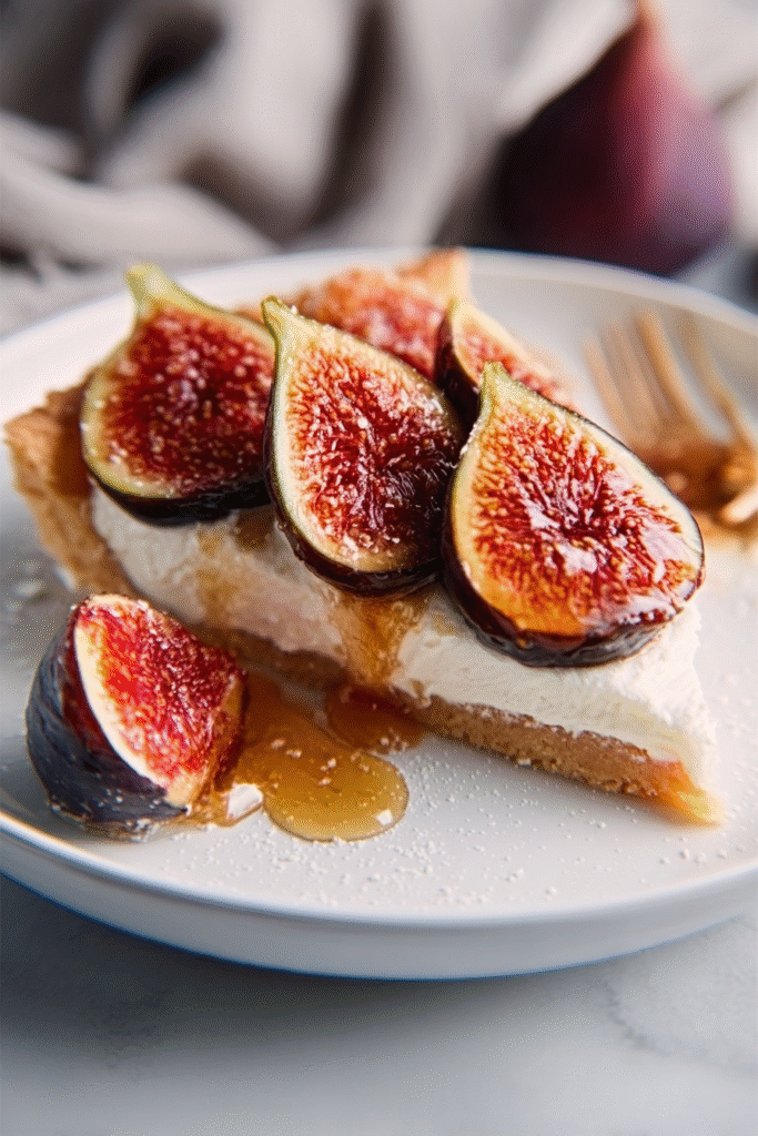 Slice of fresh fig and honey tart with mascarpone