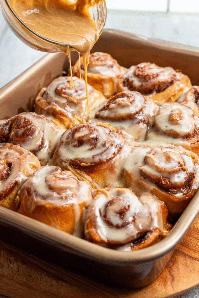 Pouring cookie butter glaze on cinnamon rolls