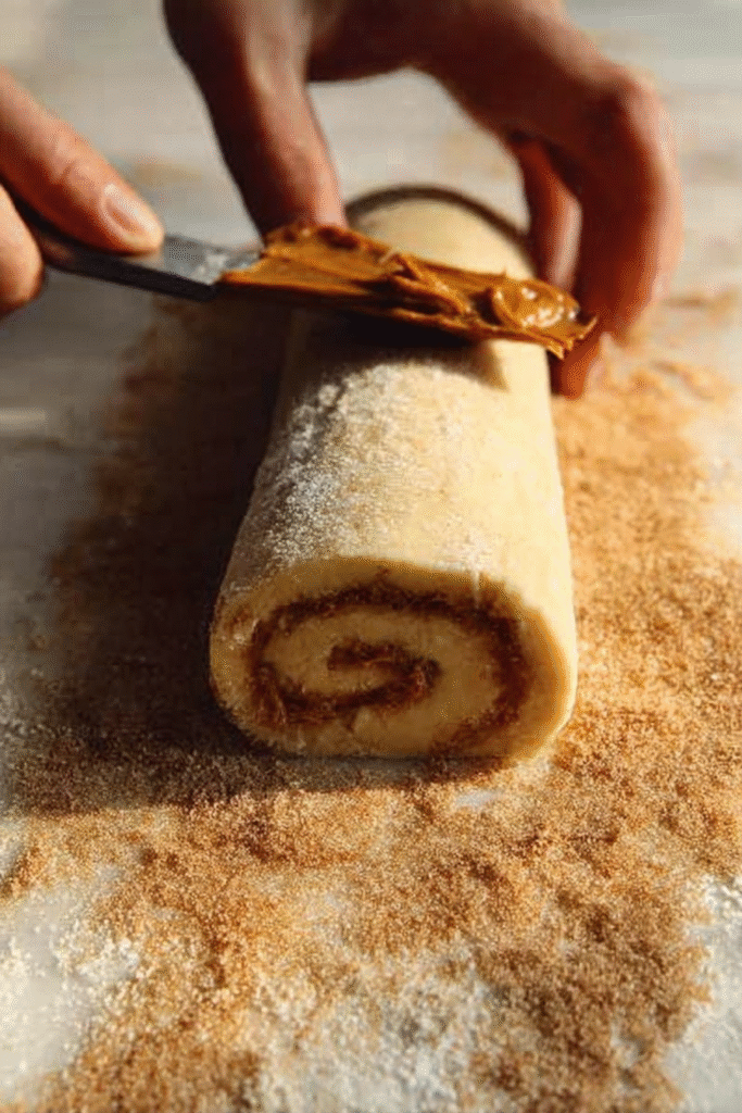 Spreading Biscoff cookie butter on dough