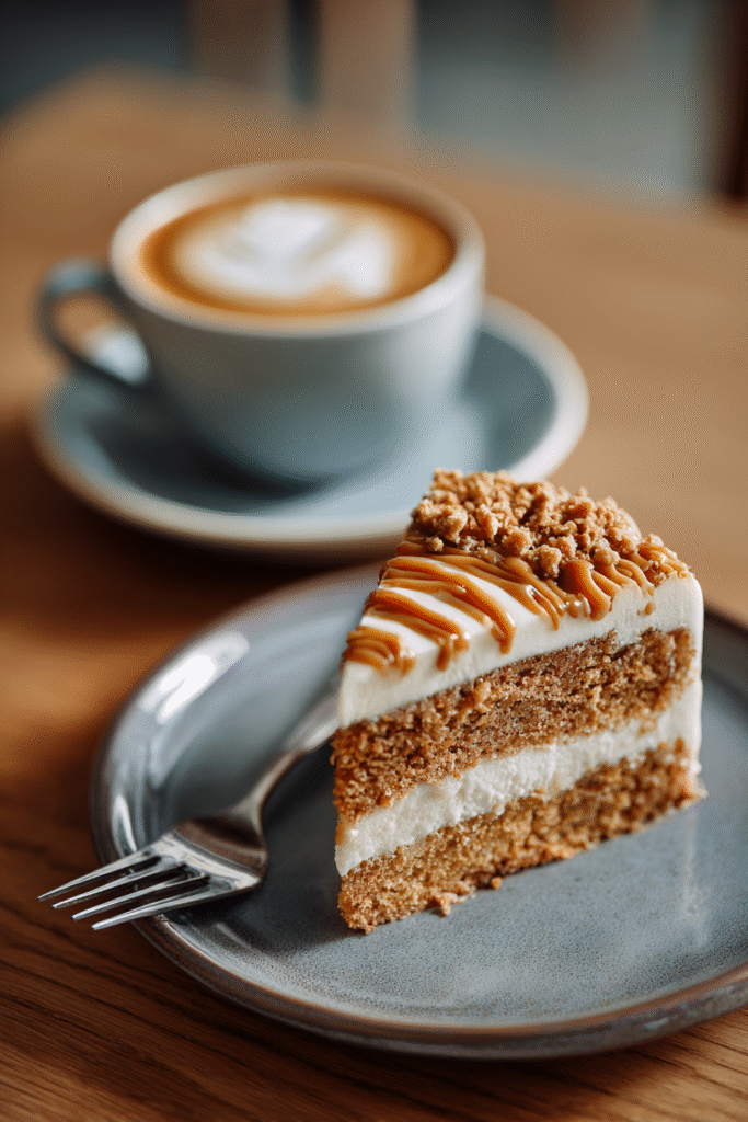 Gooey coffee caramel cake served with cappuccino