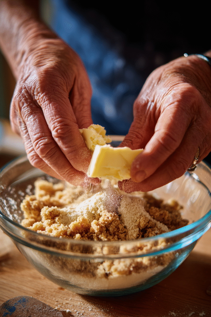 Mixing crumble topping for Apple Crumble Coffee Cake in a bowl