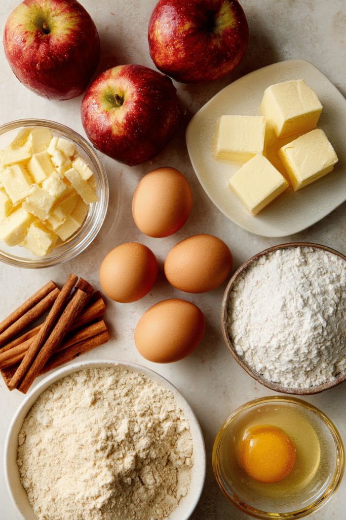 Ingredients for Apple Crumble Coffee Cake laid out on counter