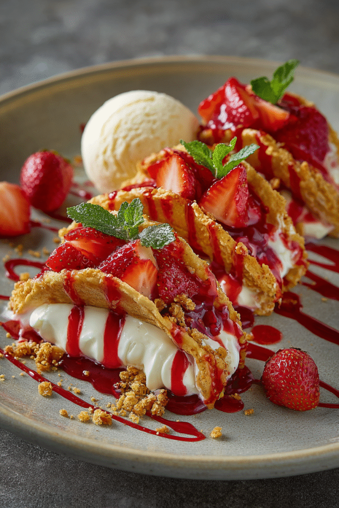 Strawberry Crunch Cheesecake Tacos served with ice cream