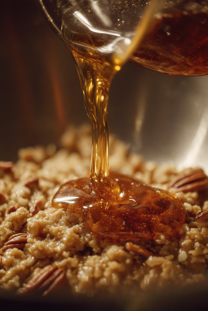 Pouring maple syrup into cookie dough with pecans