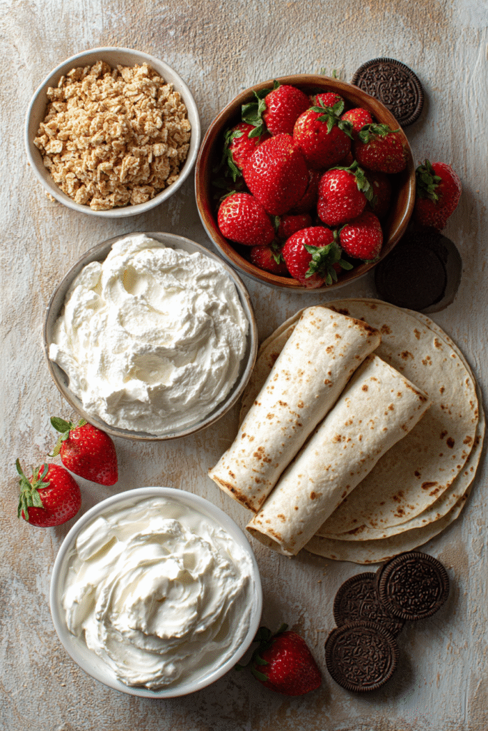 Ingredients for Strawberry Crunch Cheesecake Tacos