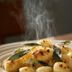 Ricotta gnocchi with brown butter and sage on white plate
