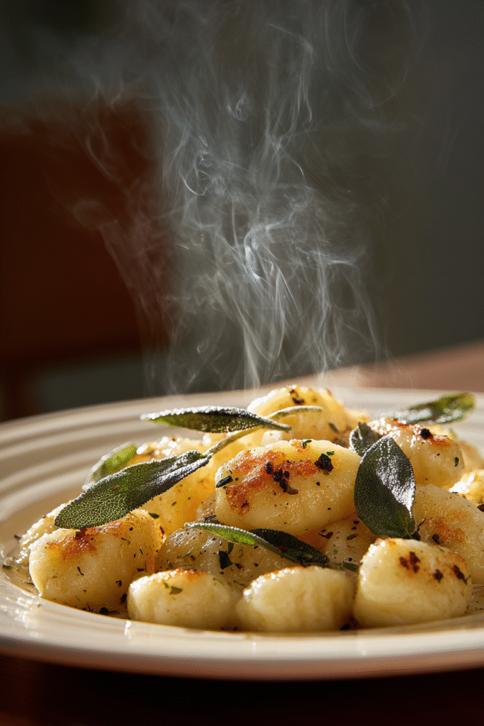 Ricotta gnocchi with brown butter and sage on white plate