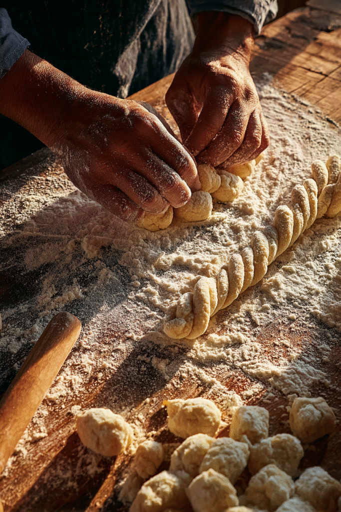 Shaping homemade ricotta gnocchi on a wooden board