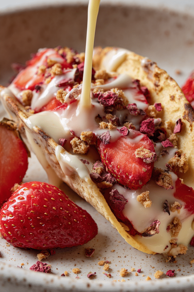Coating cheesecake taco shell in strawberry crunch