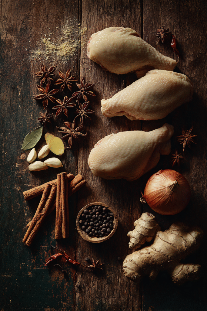 Ingredients for Slow Cooker Chicken Pho with chicken, onion, ginger, and spices