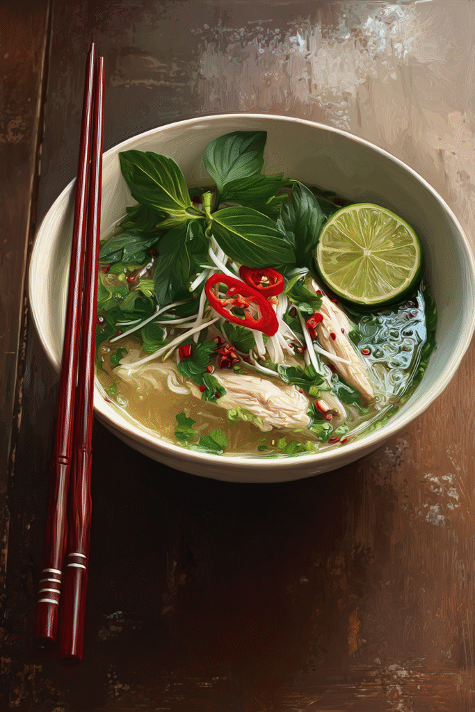 Slow Cooker Chicken Pho served with noodles, herbs, and lime