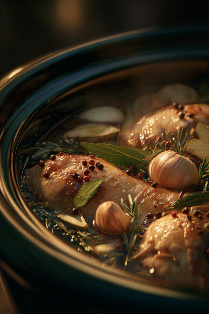 Chicken pho broth cooking in a slow cooker