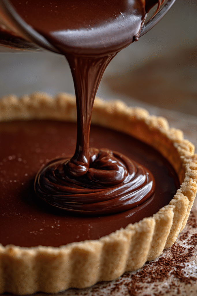 Filling tart shell with chocolate ganache